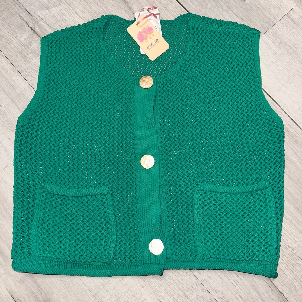 Penny Bird Green Crochet Knit Button Front Vest Top Women's Size L Boutique